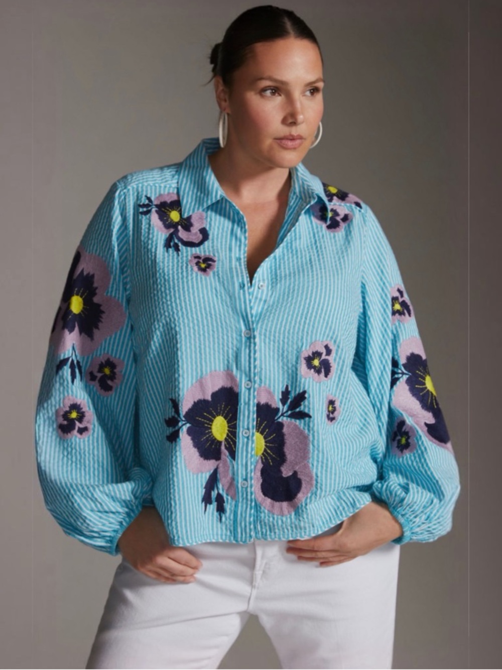 Anthropologie Blue Floral Embroidered Button Down Shirt Blouse Small NWT